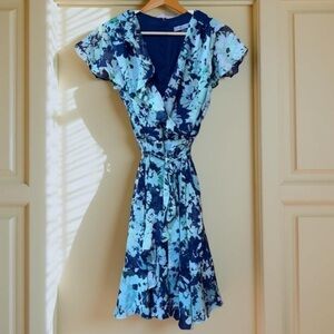 DANNY & NICOLE Women's SZ 12 Navy& green floral ruffle tie waist Y2K VINTAGE❤️